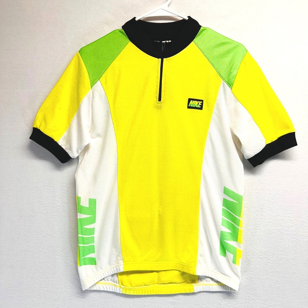 VTG Nike Cycling Jersey Mens S Neon Yellow Green 90s Quarter Zip Mesh Pockets